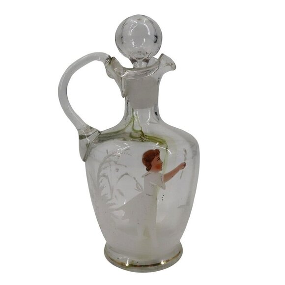 Antique Hand Blown Glass Vinegar Decanter Painted Angel Child Cruet Stopper VTG